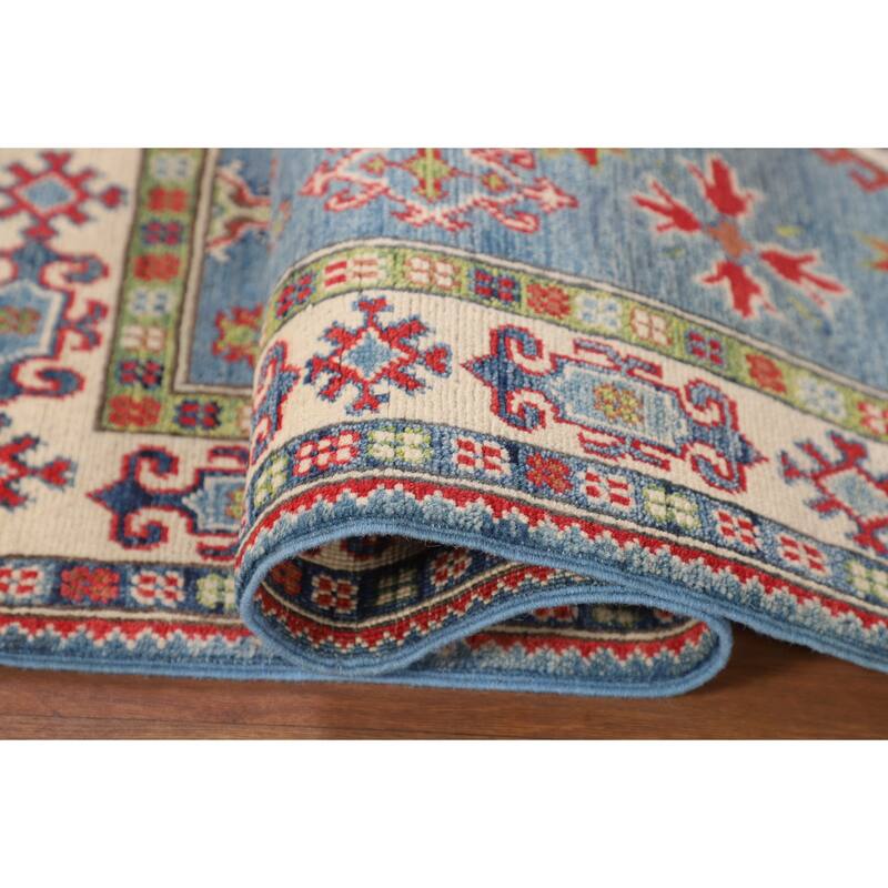 Light Blue Geometric Kazak Rug Hand-Knotted Wool Carpet - 3'3" x 4'11"