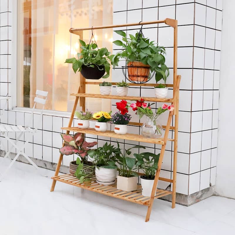 3 Tier Bamboo Hanging Plant Stand Ladder Flower Rack Hanging Baskets