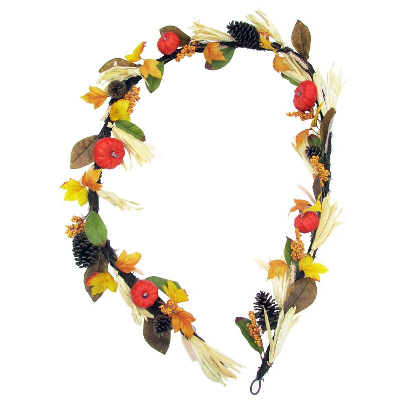 Fraser Hill Farm 9-ft Fall Harvest Garland Decor with Corn Husks, Pumpkins and Pine Cones - Multi