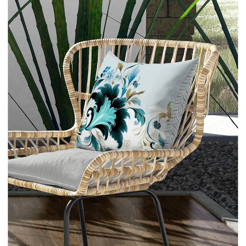 Damask Hue Indoor/Outdoor Reversible Throw Pillow Turquoise and Beige