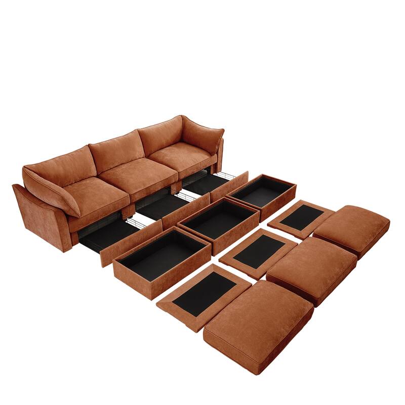 GDFStudio - Chenille 3-Seater 112.6" Modular Sofa with 3 Ottomans