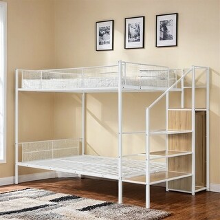 Twin Over Full Metal Bunk Bed w/Shelving & Storage Ladder and Wardrobe