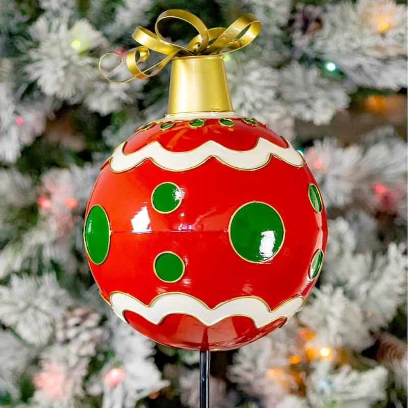 31.25" Tall Red Metal Christmas Ball Ornament With Stake