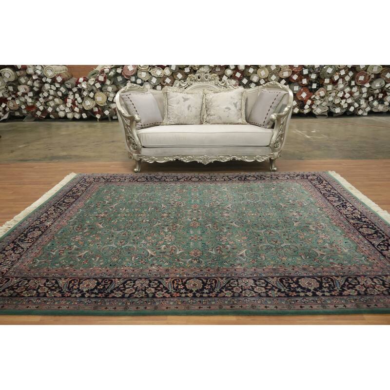 Hand Knotted Oriental 100% Wool Carpet Traditional All-Over Green Kashan Area Rug - 9' 11'' X 8' 1''