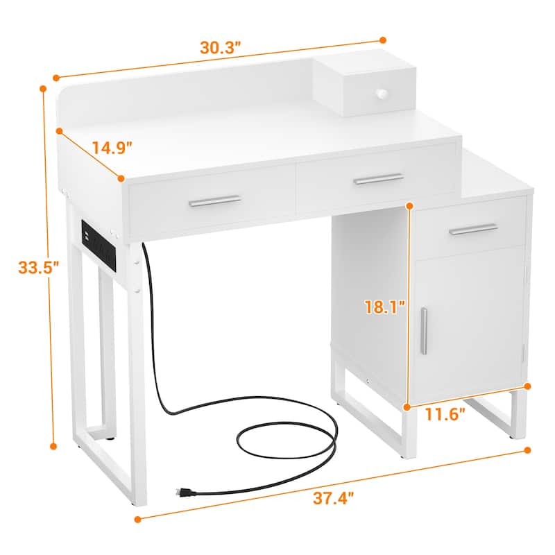Reversible Makeup Vanity Desk With Charging Station and 4 Wooden Drawers and 1 Cabinet