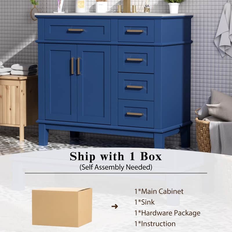 36" Modern Bathroom Vanity with Ceramic Sink, Soft Close Doors, 4 Drawers for Storage