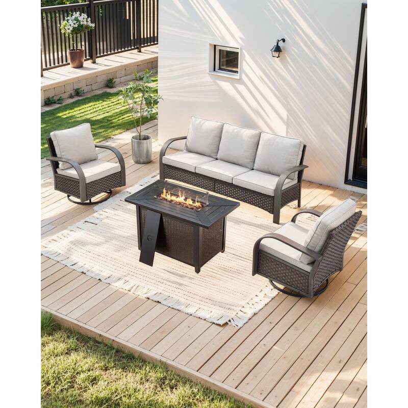 Pocassy Outdoor Patio Furniture Set - Brown Rattan - Beige Cushion - 4PCS Sofa Fire Table with Swivel Chairs