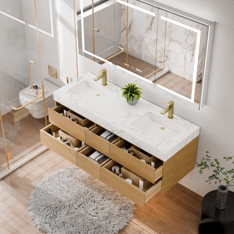 Modland 60" Floating Bathroom Vanity, Modern Maple Wood Wall Mounted Vanity with Marble Countertop,6 Soft-Close Drawers