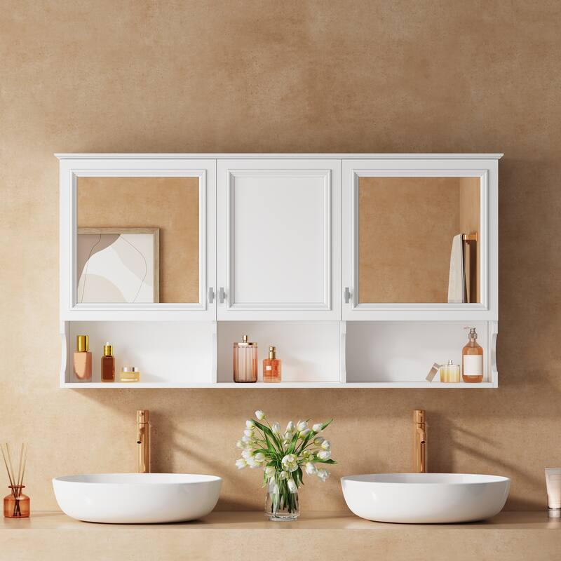 55 Inch Mirror Medicine Cabinet with Open Shelves - Wall Mounted Storage with Doors & Adjustable Shelf for Bathroom