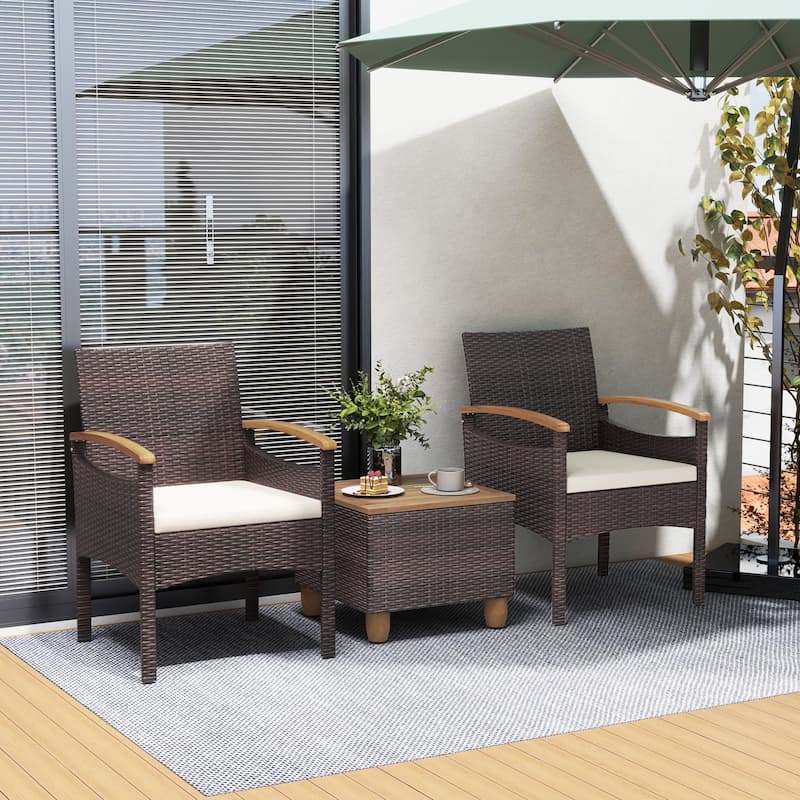 PE Rattan and Acacia Wood Outdoor Lounge Chairs Set with Cushions and Armrests for Garden or Porch - 25” x 23” x 34” (L x W x H)