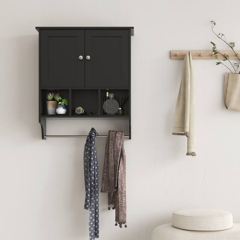 Anmytek Wall Mounted Storage Cabinet Black Modern Kitchen Bathroom Organizer with Hanging Bar - Black