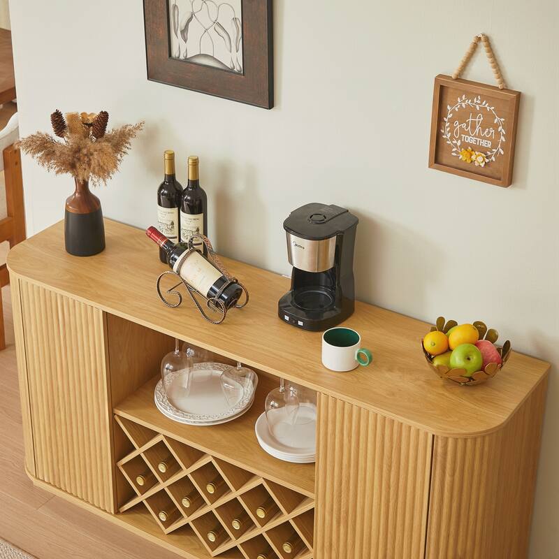 Modern Wavy Curve Sideboard-Multifunctional storage cabinet with wine rack and glassware holder