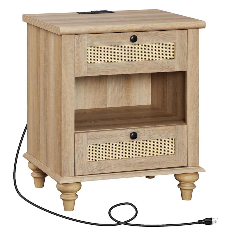 Mid Century End Table Nightstands with Charging Station & Drawer - 1 Piece - Light Oak