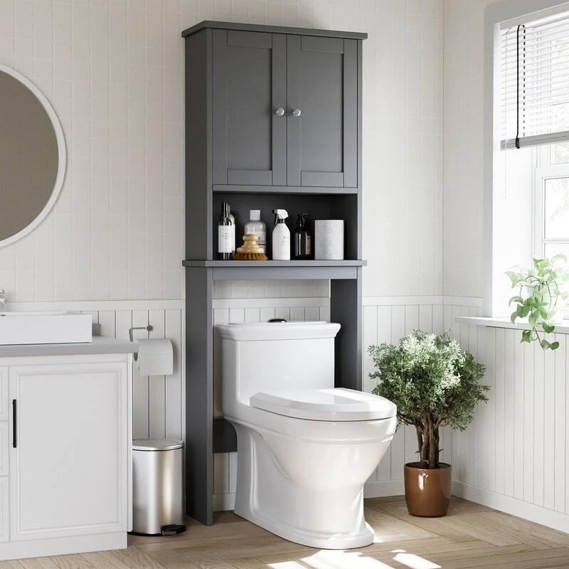 Over The Toilet Storage Cabinet, Wood Door - 8.5"D x 23.6"W x 65.4"H - Grey-Wood Door