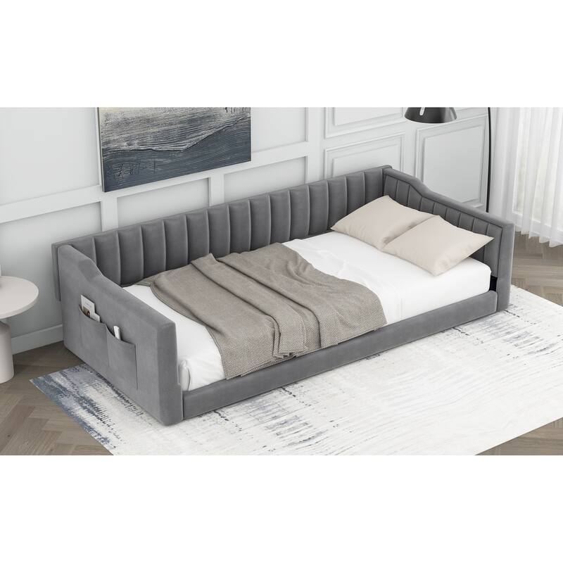 Roomfitters Twin/Full XL Size Upholstered Daybed with Side Storage Pocket and Modern Frame