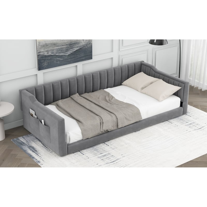 Twin XL Velvet Upholstered Daybed with Side Storage Pocket, Sloped Arms, and No-Box Spring Support