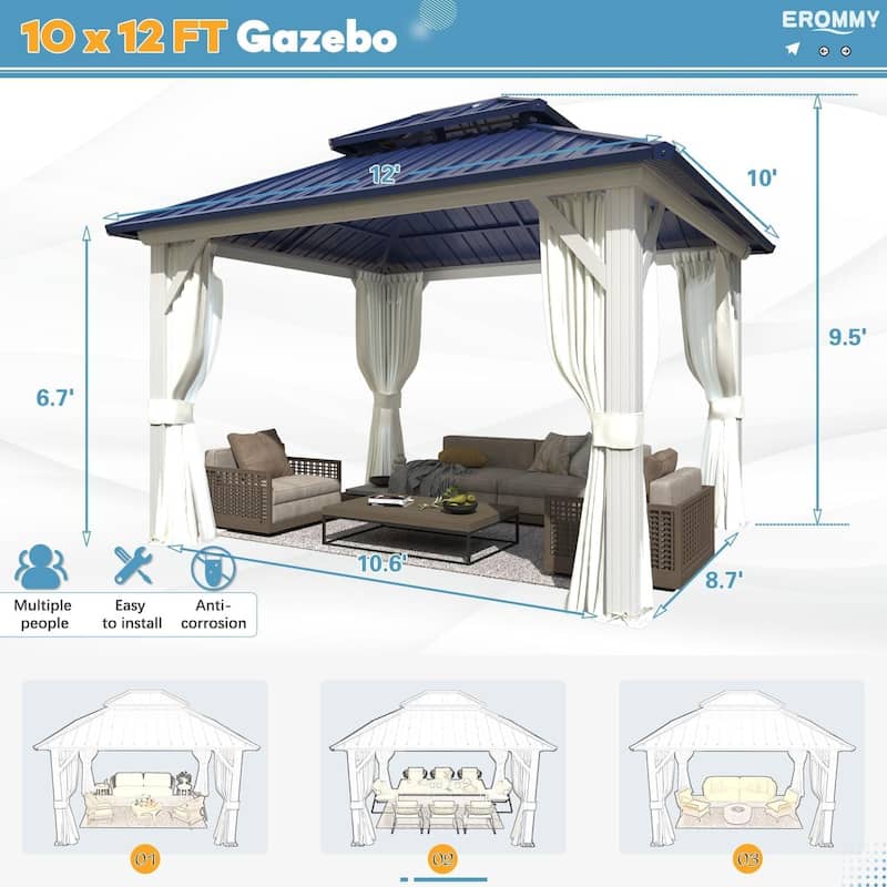 Outdoor Hardtop Gazebo w Galvanized Steel Double Roof & Aluminum Frame, 10'x12' Pergola with Premium Curtains and Nettings