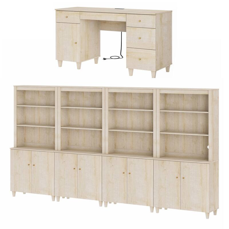 WAMPAT Home Office Furniture Set, 58" Executive Desk with Cabinet, 4-Column 71" Tall Bookcase with Doors and Adjustable Shelves