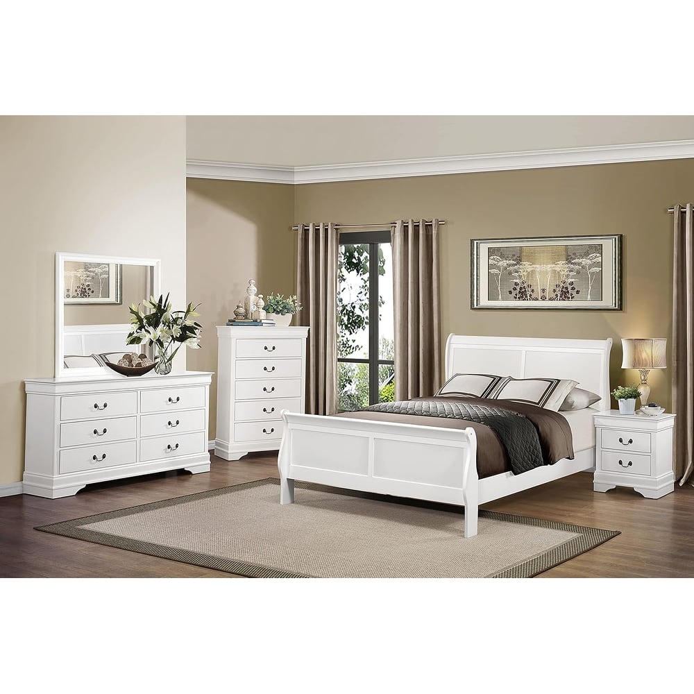 White Finish Transitional Bedroom Set Bed Nightstand Dresser Mirror Chest