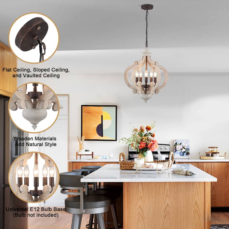 5-Light Country Wood Chandelier Light Fixture for Kitchen Island Dining Room