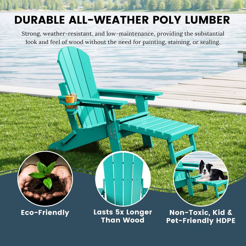 Laguna Outdoor Folding Adjustable Adirondack Chair with Cup Holder & Hideaway Ottoman (Set of 2)