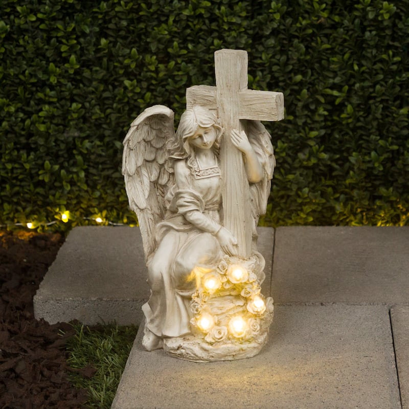 Solar Angel Holding Cross Statue with LED Lights