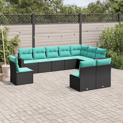 vidaXL 10/11 Piece Patio Sofa Set with Cushions Black Poly Rattan - 24.4" x 24.4" x 27.2"