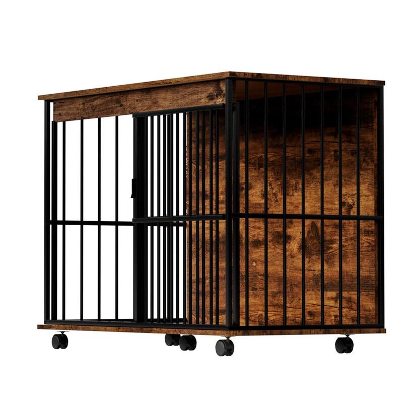 Modern Wooden Dog Crate Furniture, Large Dog Kennel Cage for Medium to Large Dogs, Pet Crate with Sliding Door & Tray
