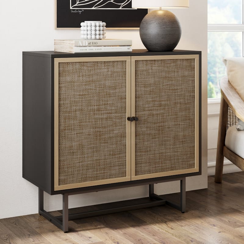 Nathan James Kova Natural Cane Rattan Doors Accent Cabinet with Metal Base and Adjustable Shelf - Black - Single