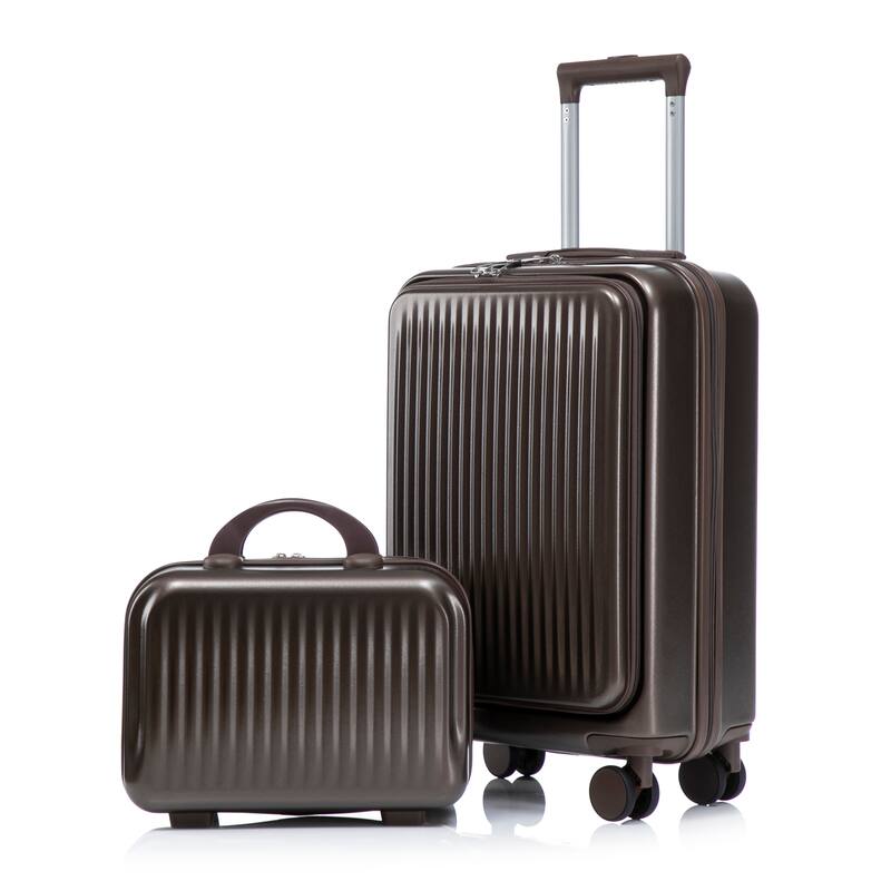 14"/20" 2 pcs/set in ABS Spinner Wheel Luggage, with Combination Lock and Front Opening Design, 14" Cosmetic Case - Brown