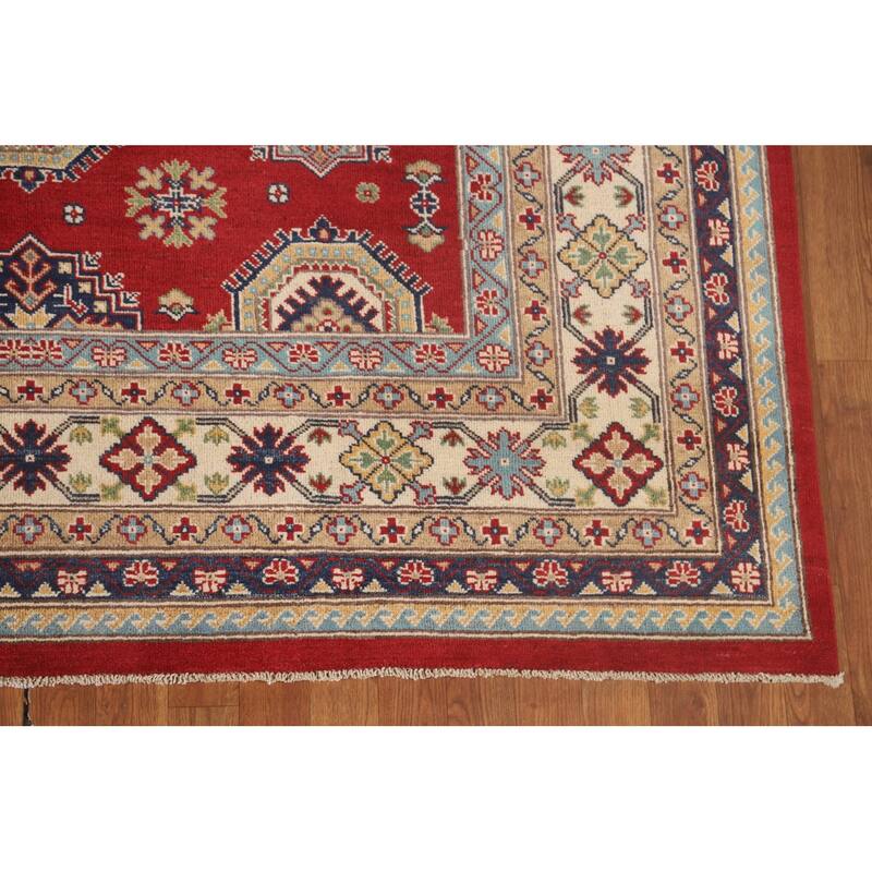 Kazak Oriental Area Rug Hand-Knotted Geometric Red Wool Carpet - 6'6"x 9'10"