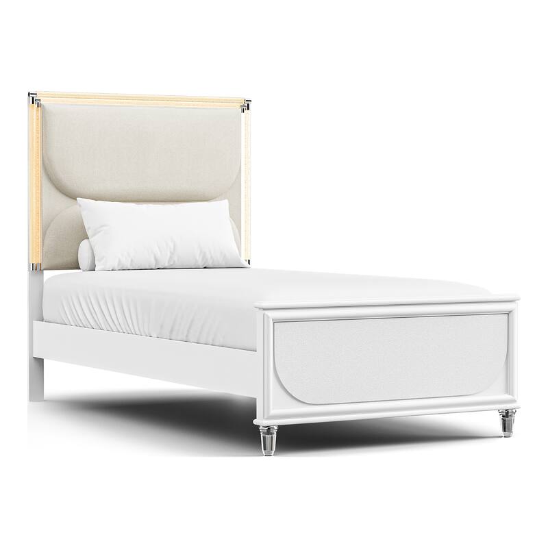 Furniture of America Drima Modern 4-Piece Pearl White Solid Wood Kids Platform Bedroom Set with LED