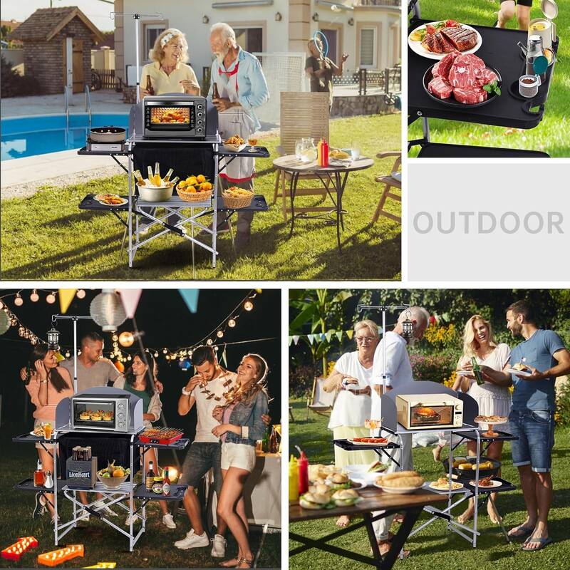 Camping Table, Camping Kitchen Station with Side Table, Portable with Carry Bag, Storage, Windscreen, and Light Stand