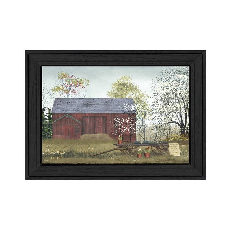 TrendyDecor4U Farmhouse "Flower Wagon" Framed Print Wall Art by Billy Jacobs - Red, White, Green, Brown, Yellow, Earth Tones - Charcoal