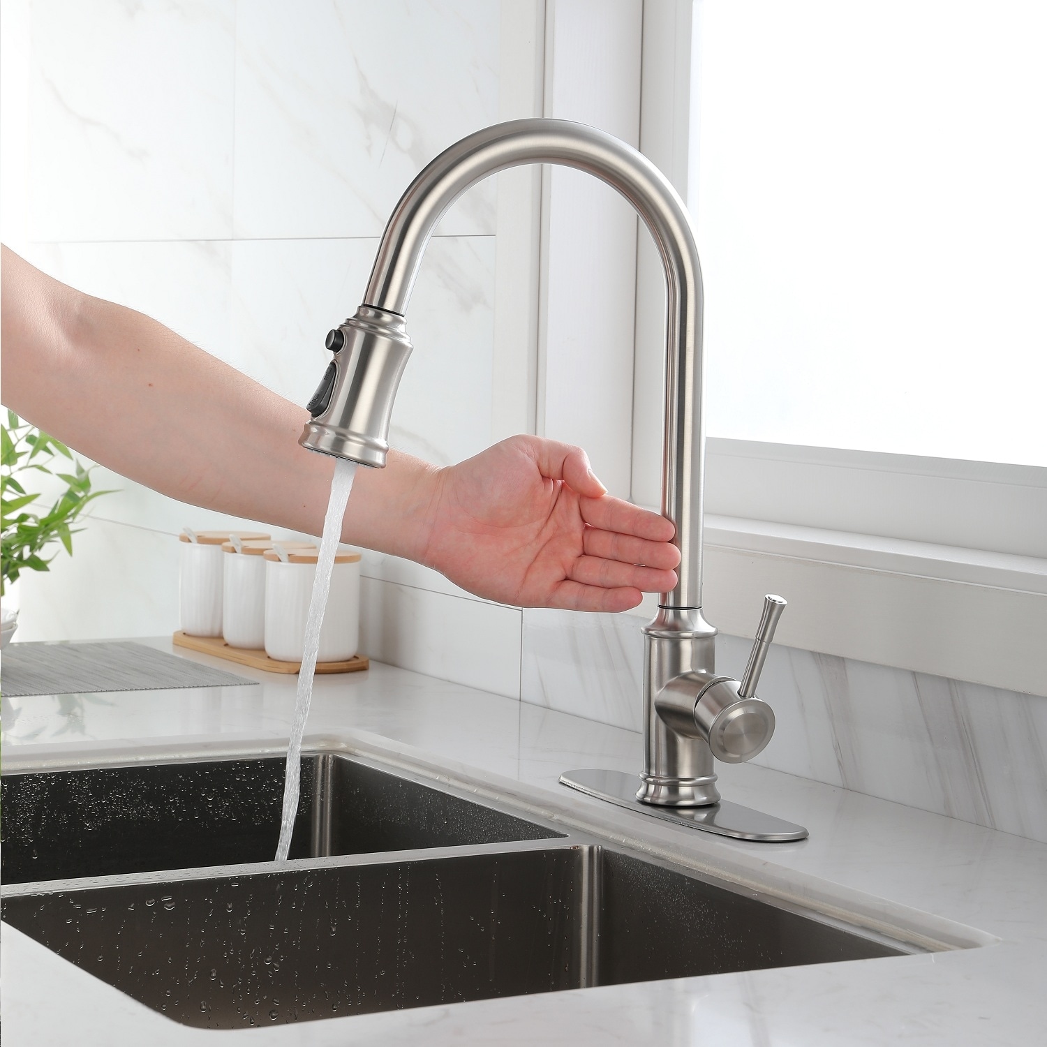 Single Handle Brushed Nickel Touch Kitchen Faucet with Pull ...