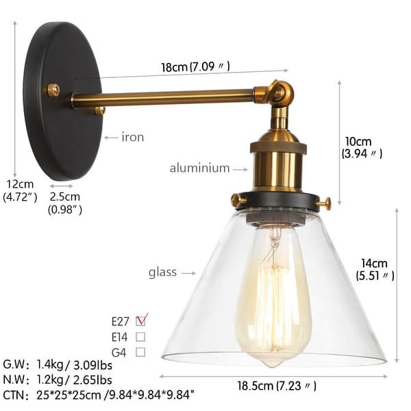 dimension image slide 0 of 2, Modern 1-Light Swing Arm Wall Sconce with Cone Clear Glass Shade