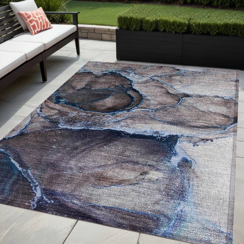 Fami Contemporary Abstract Weather Resistant Modern Chic Runner Outdoor Rug - 5' X 8' - Blue