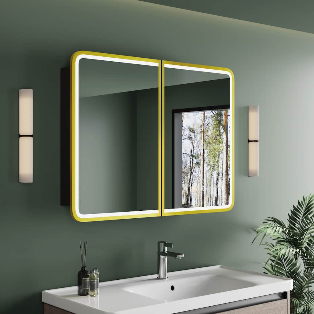 32 in. W x 30 in. H Rectangular Iron Recessed/Surface Medicine Cabinet with Mirror, Anti-Fog, Fixed Iron Shelves, Gold