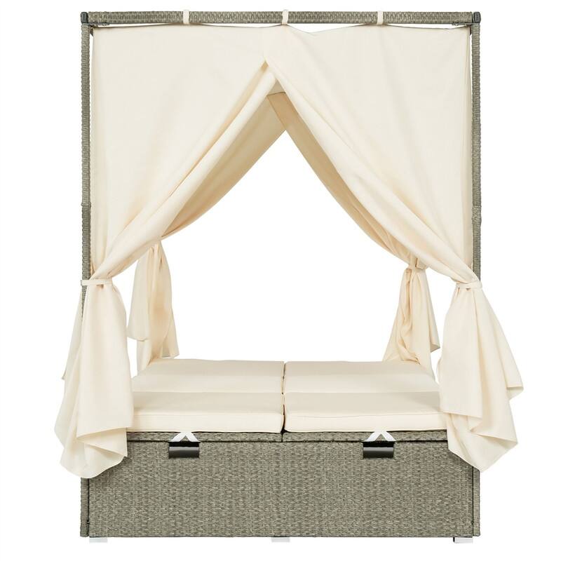Outdoor Rattan Daybed with Adjustable Backrest and Curtains, Paio Sunbed Sun Lounger with Canopy and Removable Cushion
