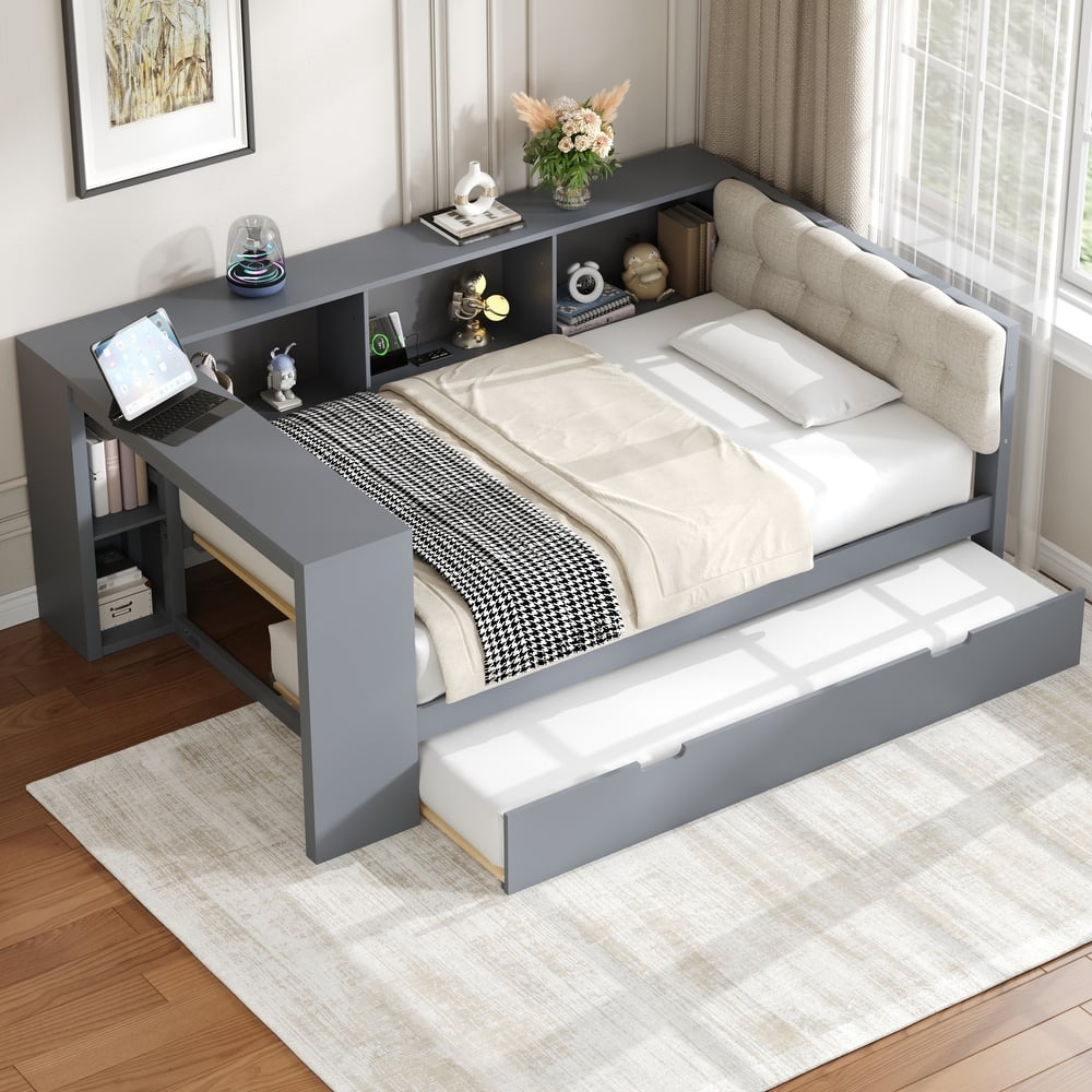 Upholstered Daybed, L-shaped Sofa Bed Frame with Desk, Shelves, Charging Station, and Optional with Trundle or Drawers