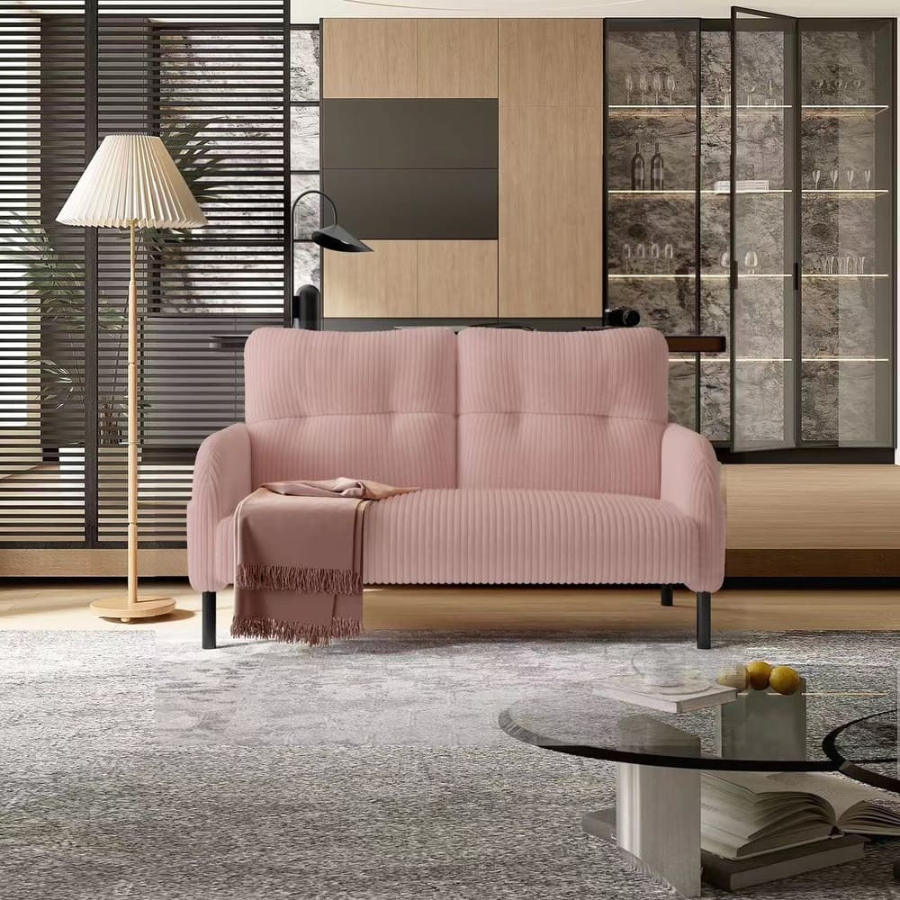 Corduroy Foam Upholstered Loveseat Couch Ergonomic Lounge Sofa with Side Pockets and Solid Wood Frame Soft 2 Seater Sofa
