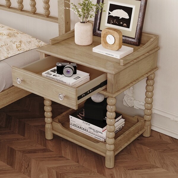 Retro Style Nightstand with Drawer and Open Shelf for Bedroom - On
