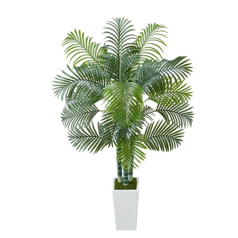 Thick-Trunk Areca Palm Artificial Tree with Green Leaves in White Planter for Home or Office Decor