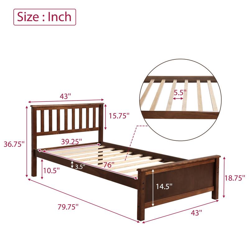 Classic Twin Wood Bed Frame with Slat Support and Headboard