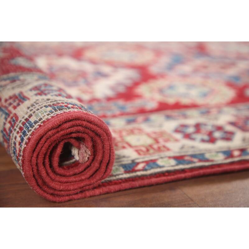 Hand Knotted Oriental 100% Wool Carpet Traditional Geometric Red Kazak Runner Rug - 7' 7'' X 2' 9''
