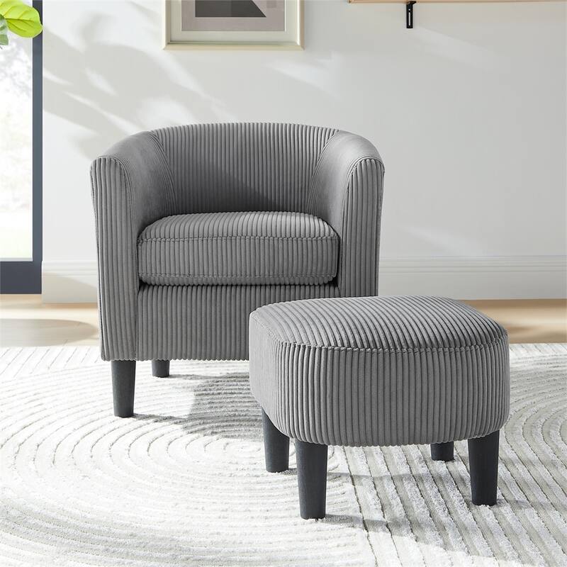 Modern Fabric Upholstered Accent Chair with Ottoman Foot Rest - Grey