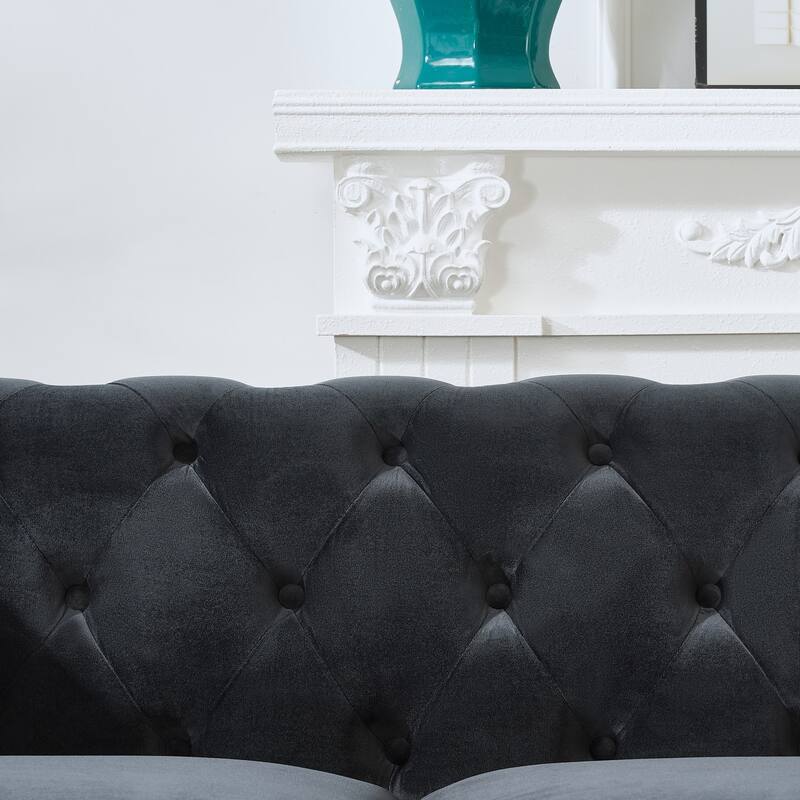 Chesterfield Upholstered 3 Seater Sofa, Velvet Fabric Sofa with Nailhead & Roll Armrest, Lounge Sofa with Solid Wood Frame‌