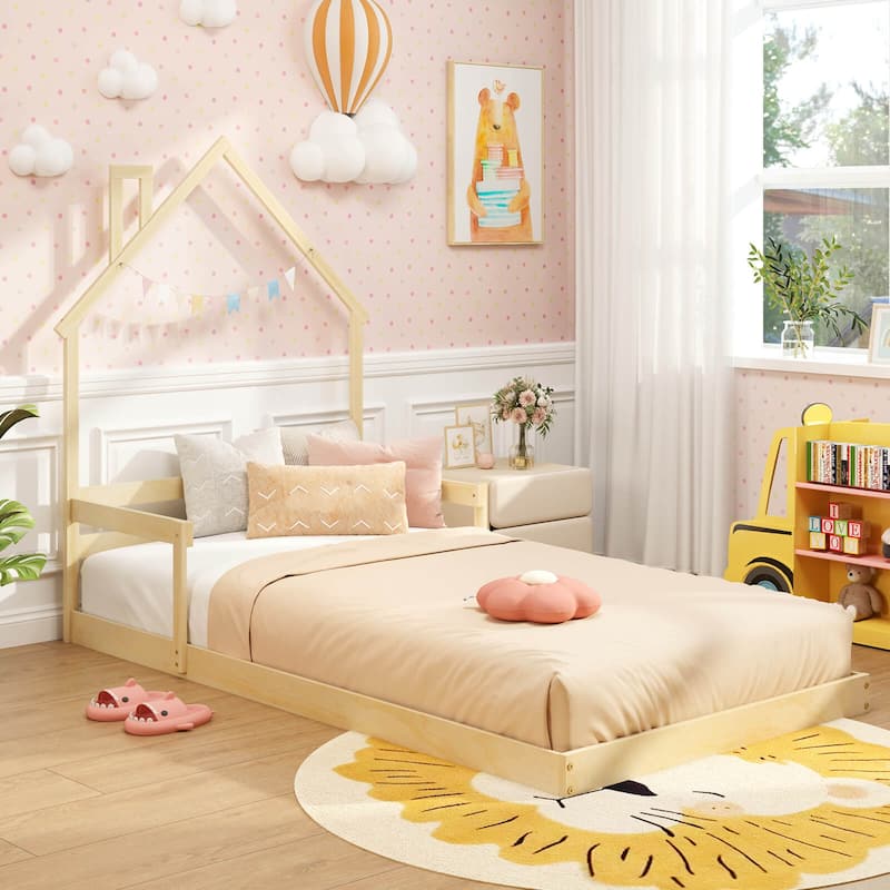 Costway Twin Size Floor Bed for Kids with Chimney Headboard & Handrail - Natural