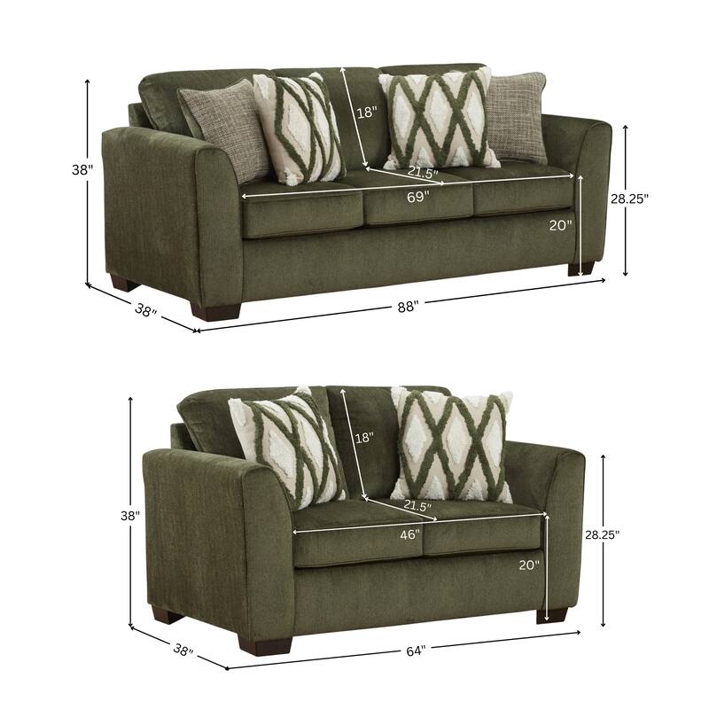 Roundhill Furniture Marvella 4-Piece Living Room Set, Sofa, Loveseat, Chair, and Ottoman with Mosswood Chenille Upholstery