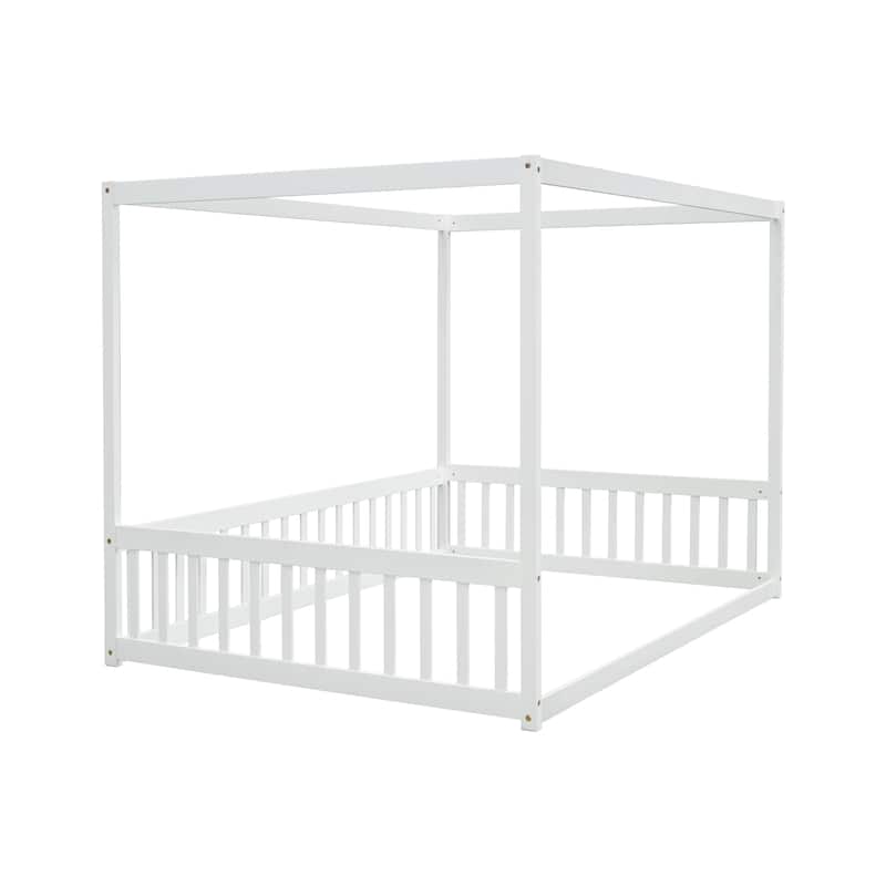 Roomfitters Full Canopy Frame Floor Bed, Rubber Wood Platform with Guardrails and Low-Profile Design, White